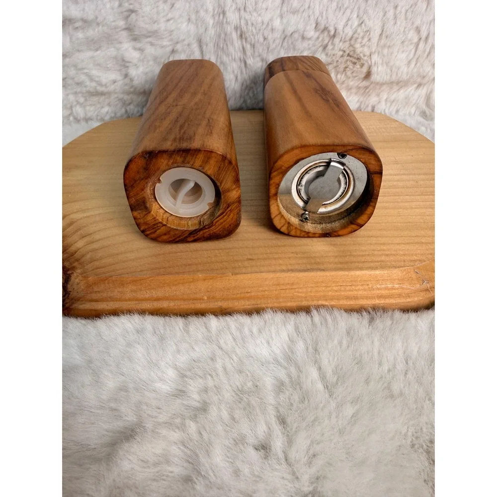 Olive Wood Salt Shaker and Pepper Mill Set Brass Hardware Handcrafted Woodware